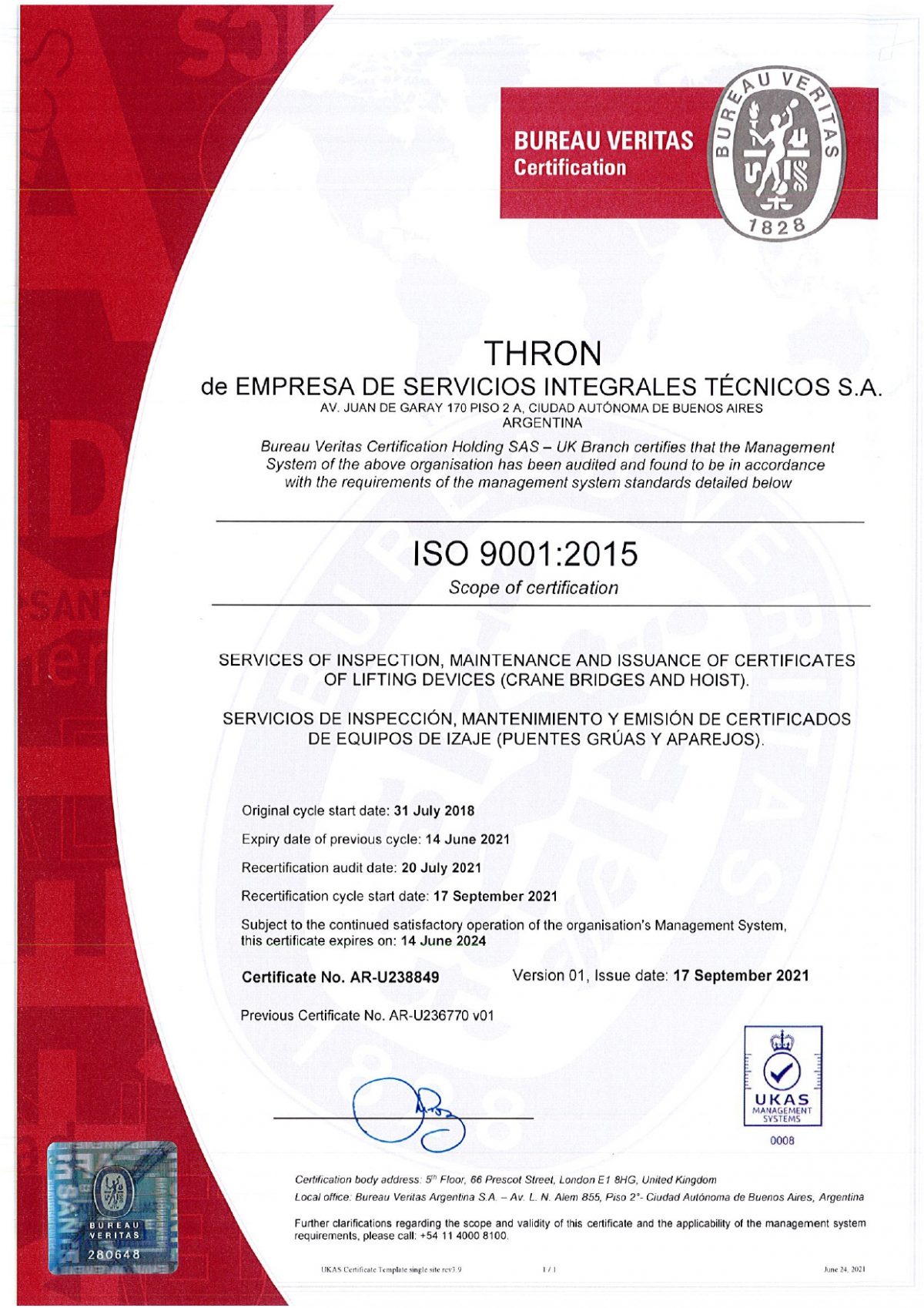 EMPRESA DE SERVICIOS INTEGRALES TECNICOS SA (UKAS 9001-2015) CERTIFICATE AR-U238849 v01