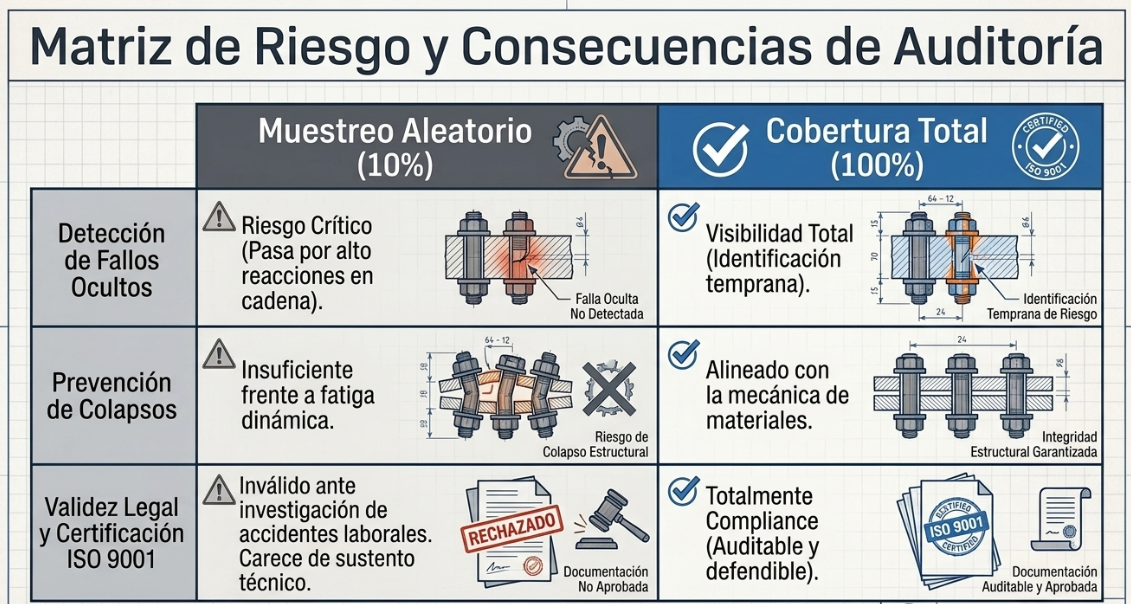 Comparación entre el muestreo aleatorio y la cobertura total en la inspección de pernos