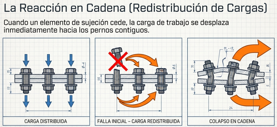 Redistribución de cargas y reacción en cadena cuando falla un perno