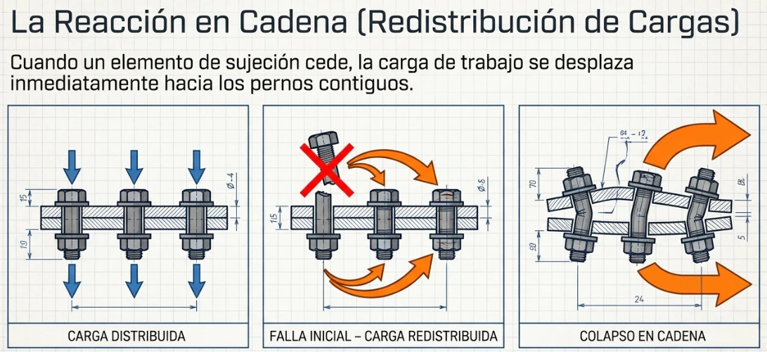 Redistribución de cargas y reacción en cadena cuando falla un perno
