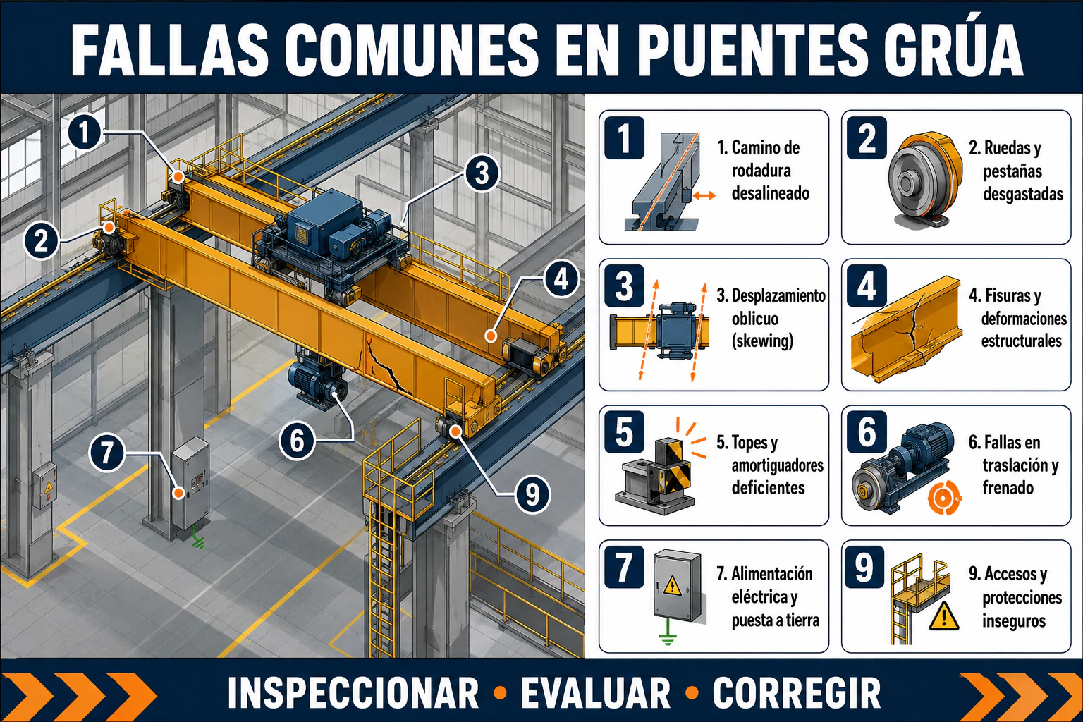 Infografía de fallas comunes en puentes grúa