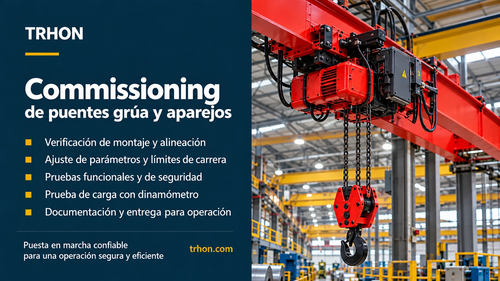 Infografía de TRHON sobre commissioning de puentes grúa y aparejos: montaje, límites de carrera, pruebas funcionales y de carga, documentación y entrega